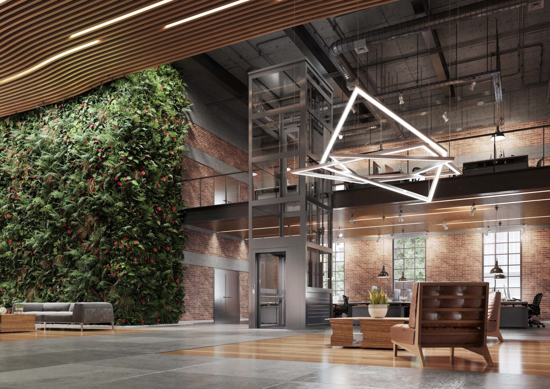 Spacious modern loft with a lush vertical garden, minimalist furniture, geometric chandelier, and a platform lift, creating a tranquil atmosphere.
